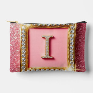 Gold Frame Diamond Initial I Pink Glitter Monogram Accessory Pouch