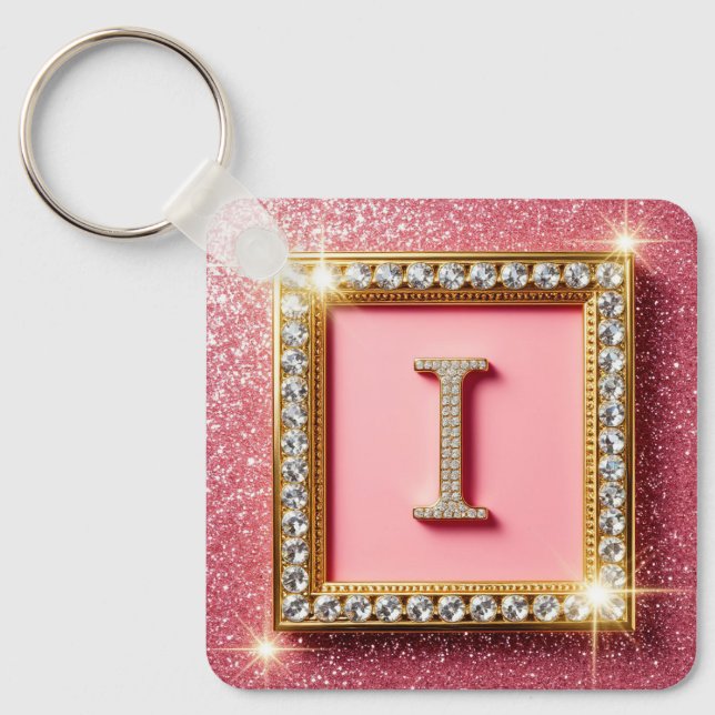 Gold Frame Diamond Initial I Pink Glitter Monogram Keychain (Front)