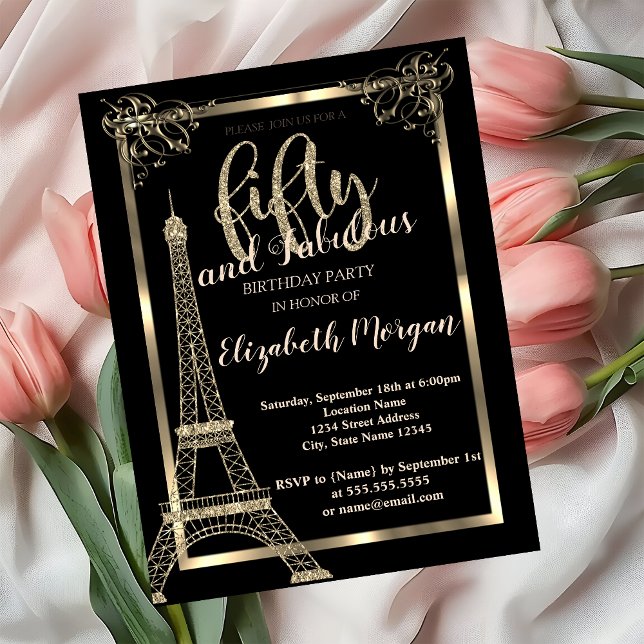 Gold Frame,Eiffel Tower 50th Birthday Party Invitation (Creator Uploaded)