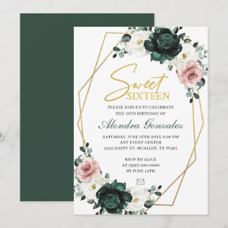 Gold frame emerald green floral Sweet 16 invite