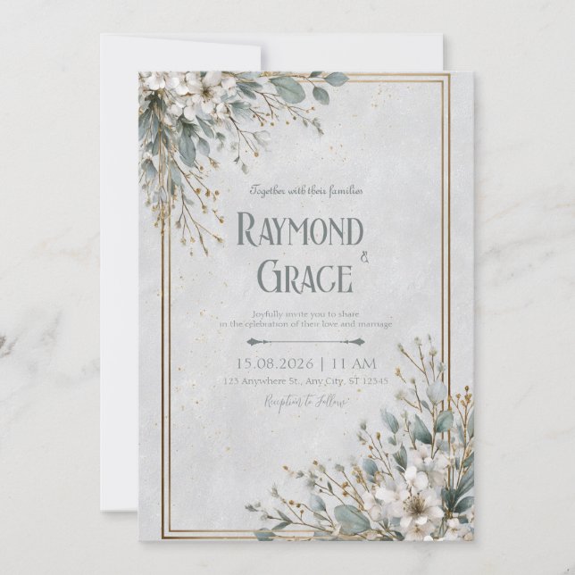 Gold Frame Eucalyptus White Blossom Wedding Invitation (Front)