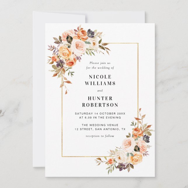 gold frame Fall floral wedding Invitation (Front)