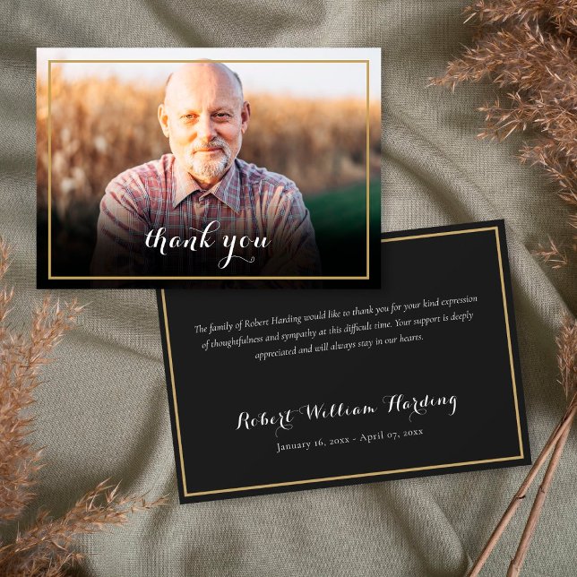Gold Frame Funeral Photo Elegant Script  Thank You Card (Creator Uploaded)