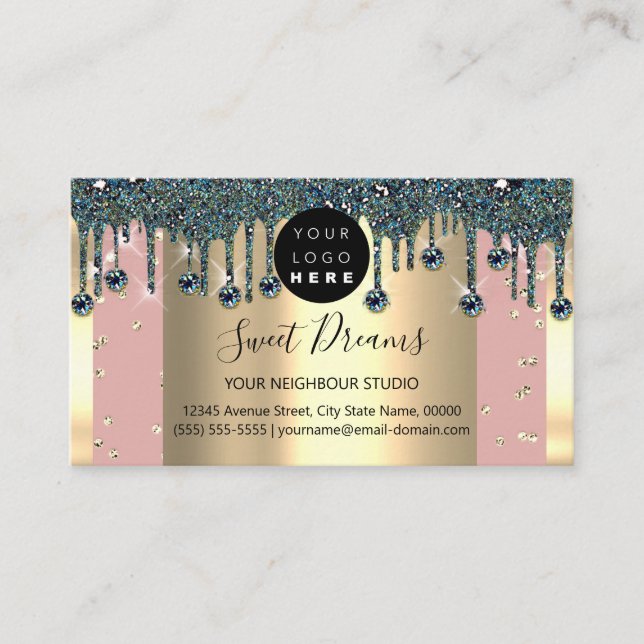 Gold Frame Glitter Confetti Rose Teal Drips Business Card (Front)