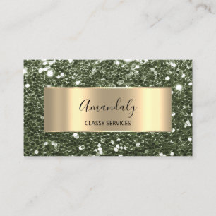 Gold Frame Glitter QRCode Logo Elegant Sage Green Business Card