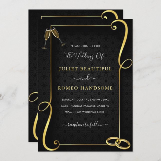 Gold Frame Golden Black Elegant Wedding Invitation (Front/Back)