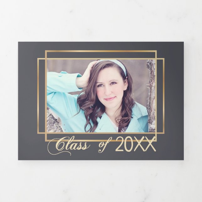 Gold Frame Gray  Background Graduation Photo Tri-Fold Holiday Card (Cover)
