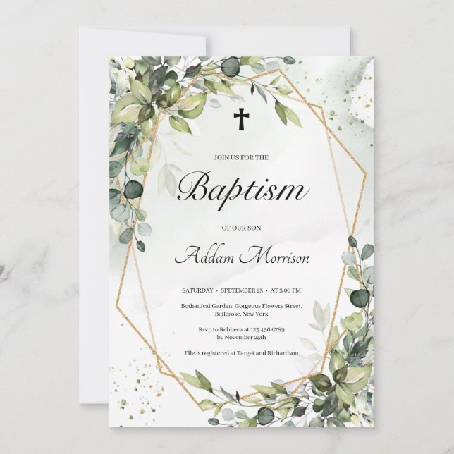 Gold frame greenery foliage leaves boho baptism invitation (Front)