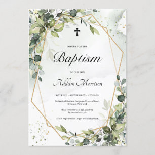 Gold frame greenery foliage leaves boho baptism invitation