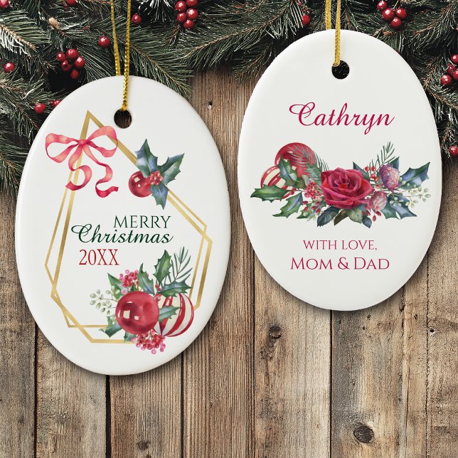 Gold Frame Holiday Bouquet Red Ribbon Personalized Ceramic Ornament (Creator Uploaded)
