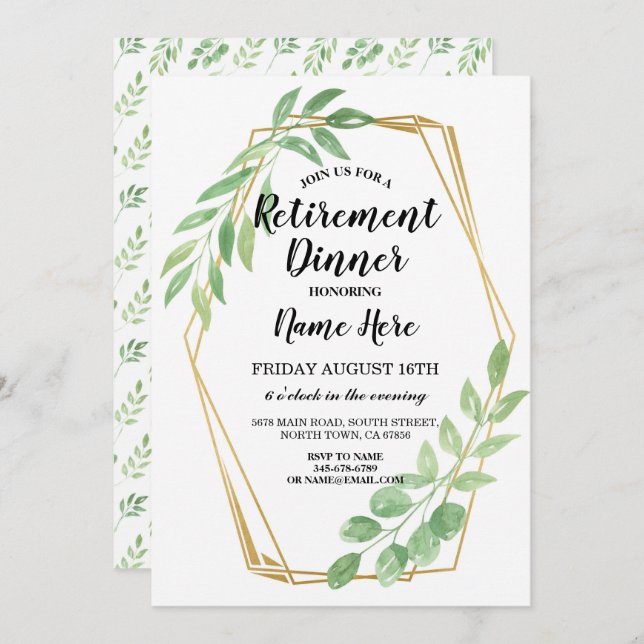 Gold Frame Leaves Retirement Party Retired Invite (Front/Back)