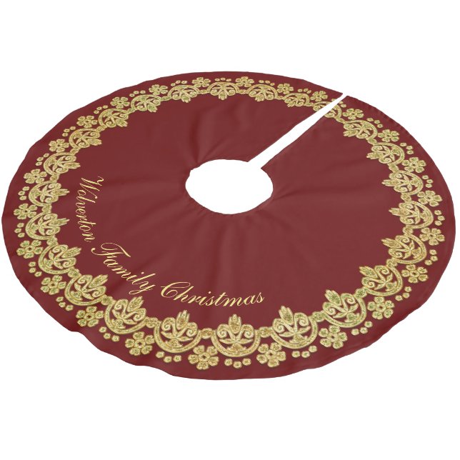 Gold Frame Luxury on Red Personalized Brushed Polyester Tree Skirt (Angled)