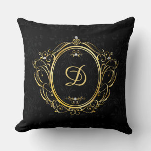 Gold Frame Monogram with black damask background Throw Pillow
