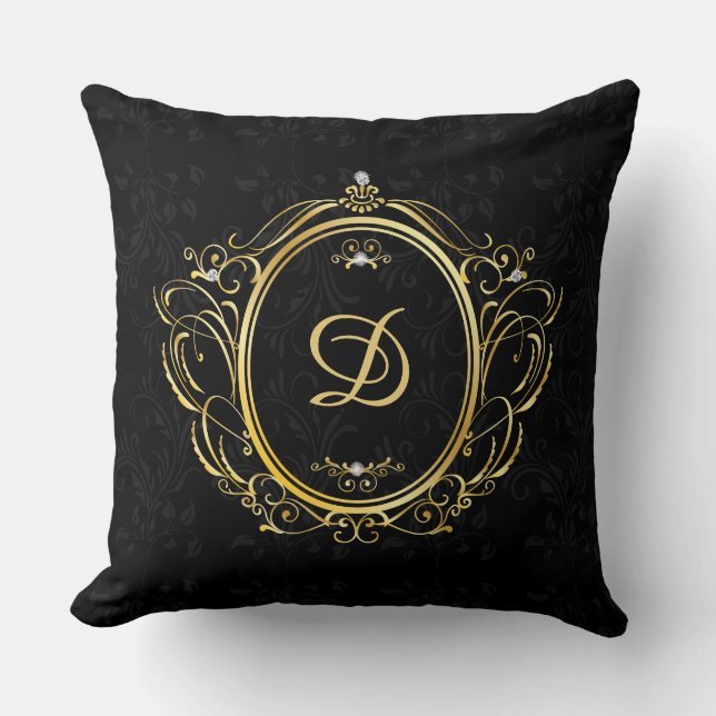 Gold Frame Monogram with black damask background Throw Pillow (Front)