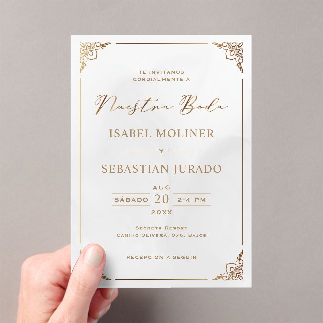 Gold Frame Motif Nuestra Boda Spanish Wedding Acrylic Invitations (Insitu (Handheld))