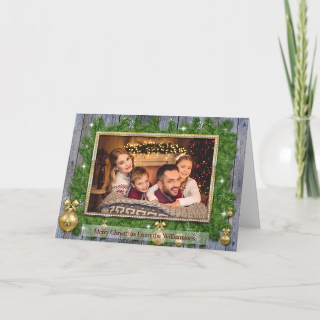 Gold Frame on Pine Weathered Wood Christmas Photo Holiday Card (Front)