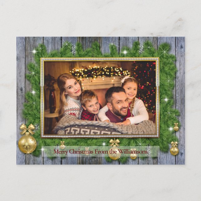 Gold Frame on Pine Weathered Wood Christmas Photo Postcard (Front)