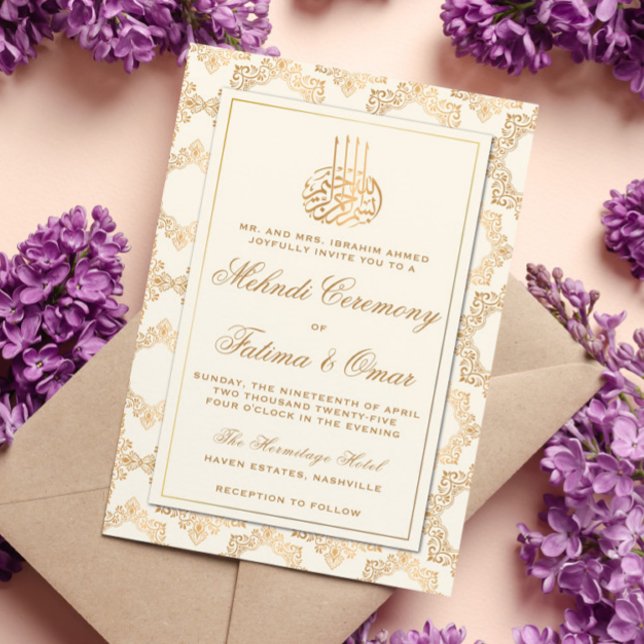 Gold Frame Ornate Cream Islamic Mehndi Ceremony Invitation (Creator Uploaded)