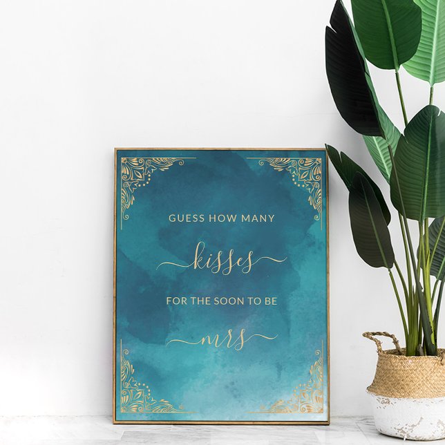 Gold Frame Ornate Turquoise How Many Kisses Game Poster (Creator Uploaded)
