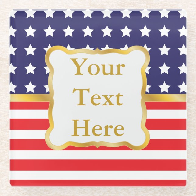 Gold Frame Over Patriotic Background Glass Coaster (Front)