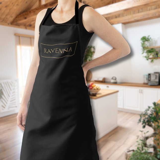 Gold Frame Personalized Name Deep Black Luxury Apron (Creator Uploaded)
