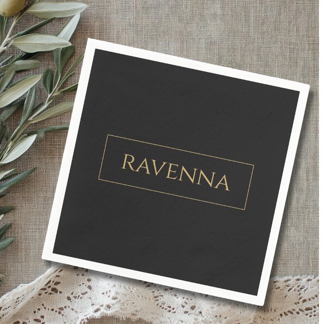 Gold Frame Personalized Name Deep Black Luxury Napkin (Creator Uploaded)