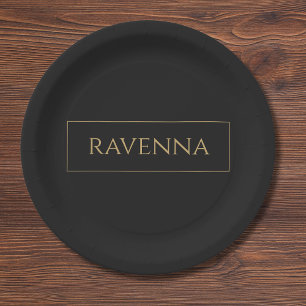 Gold Frame Personalized Name Deep Black Luxury Paper Plate