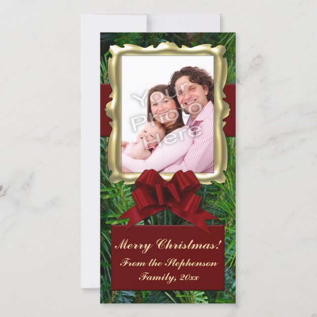Gold Frame Pine Red Bow Vertical Christmas Photo Holiday Card (Front)