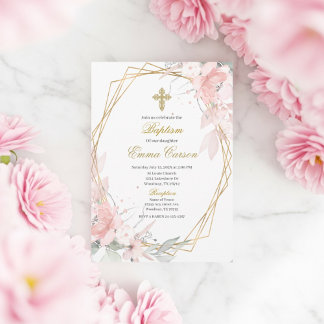 Gold frame pink blush floral baptism invitation