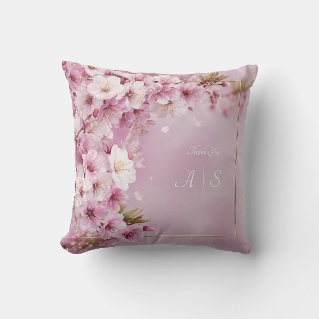 Gold Frame Pink Cherry Blossom Corner Floral Throw Pillow (Front)