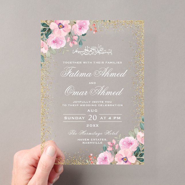 Gold Frame Pink Floral  Islamic Muslim Wedding Acrylic Invitations (Insitu (Handheld))