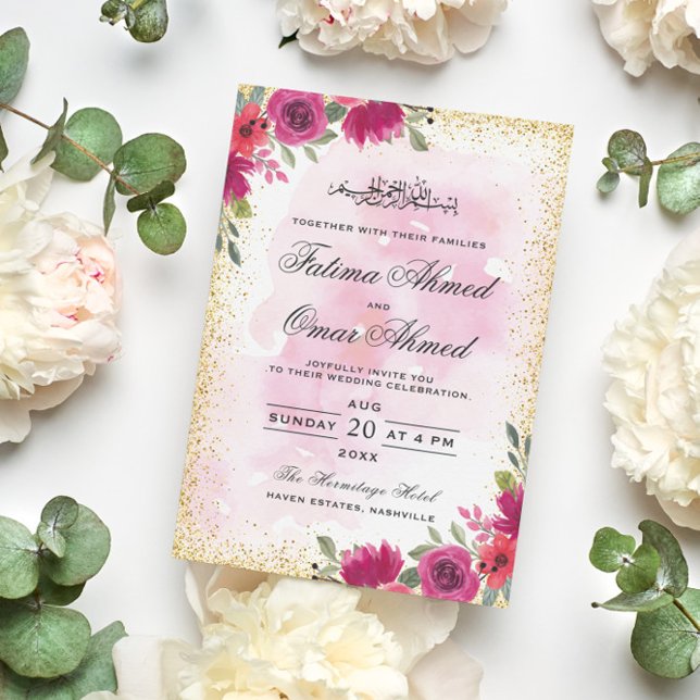 Gold Frame Pink Floral Islamic Muslim Wedding Invitation (Creator Uploaded)