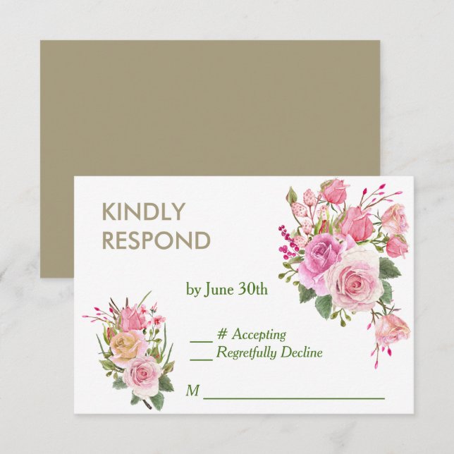 Gold Frame Pink Rose Wedding RSVP Card (Front/Back)