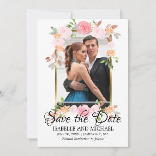 Gold Frame & Pink Roses Save the Date Photo Card