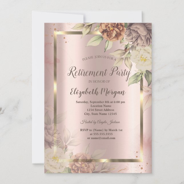  Gold Frame,Rose Gold Blush Flowers Retirement Invitation (Front)