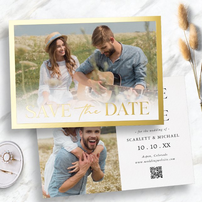 Gold Frame Save The Date (Gold Frame Save The Date Foil Invitation QR Code by Painted Paperie
)
