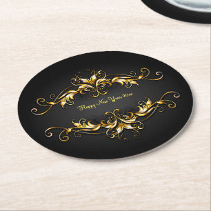Gold Frame Scroll Happy New Year 20xx Text Round Paper Coaster