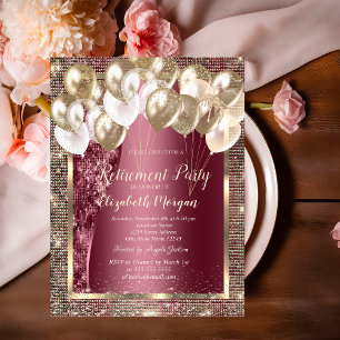 Gold Frame Sequins Balloons Burgundy Retirement Invitation
