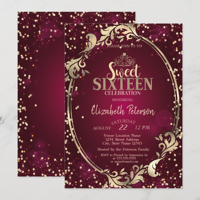 Gold Frame Tiara,Diamonds Burgundy Sweet 16 Party Invitation (Front/Back)