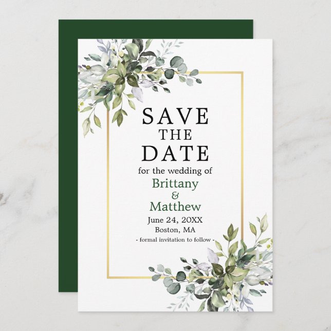 Gold Frame Watercolor Botanical Greenery Elegant Save The Date (Front/Back)