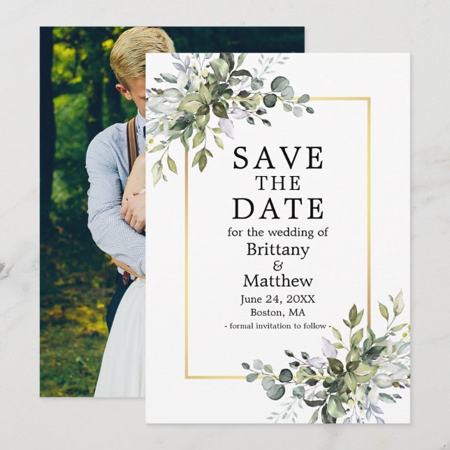 Gold Frame Watercolor Botanical Greenery Photo Save The Date (Front/Back)