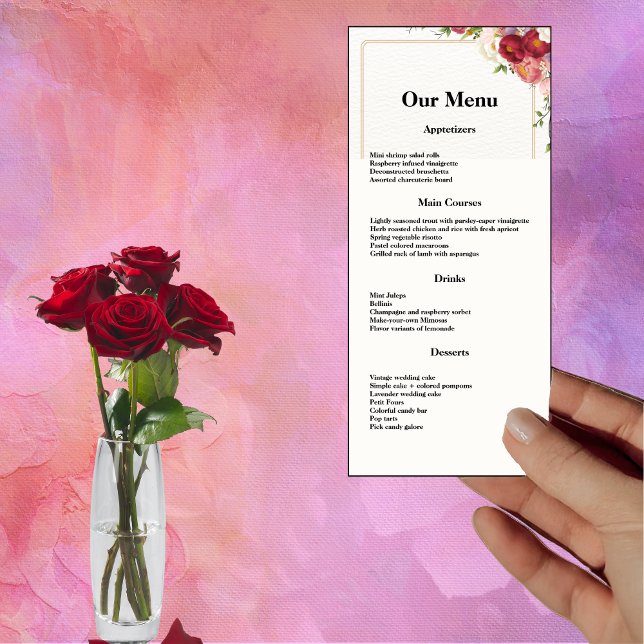 Gold Frame Watercolor Flowers Wedding Dinner Menu (Creator Uploaded)