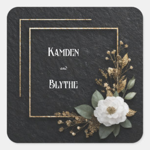 Gold Frame & White Camellia Wedding Square Sticker