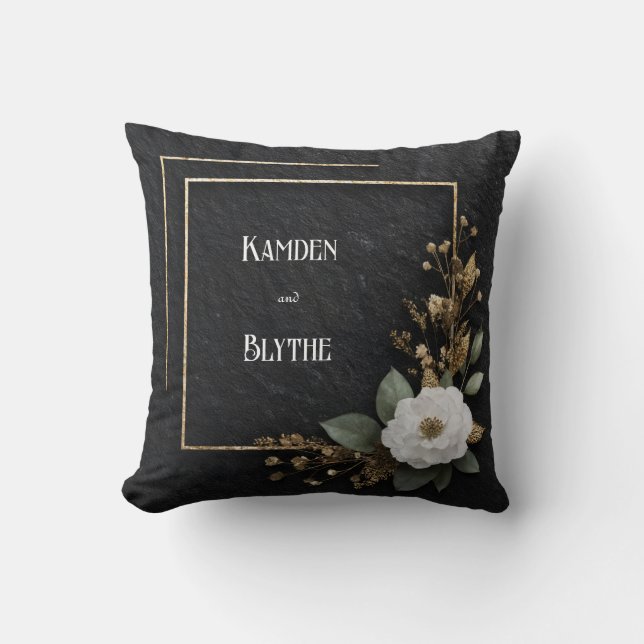 Gold Frame & White Camellia Wedding Throw Pillow (Front)
