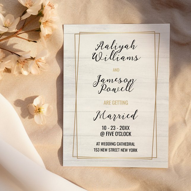 Gold frame white rustic wood typography Wedding  Invitation (Gold frame white rustic wood typography Wedding)