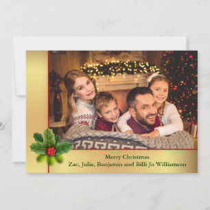 Gold Frame With Holly Christmas Photo Holiday Card