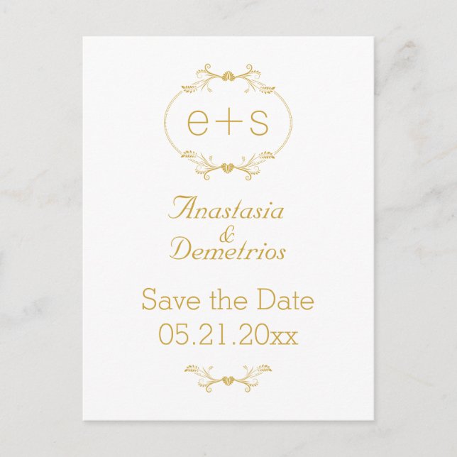 Gold frame with initials wedding Save the Date Announcement Postcard (Front)
