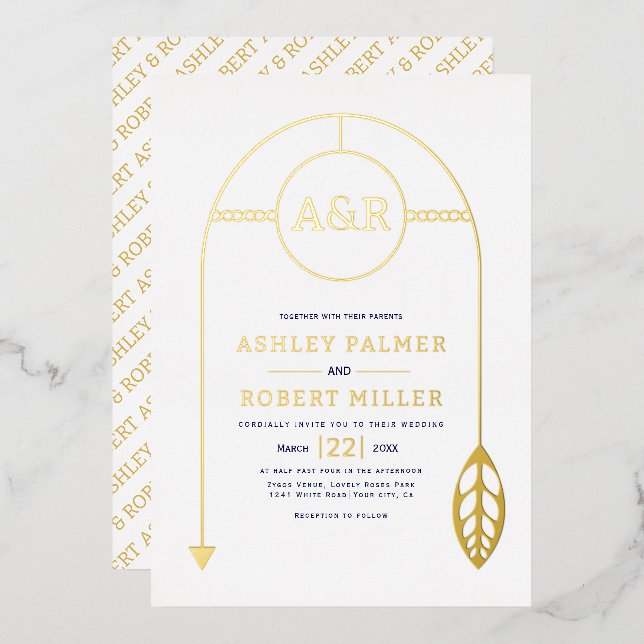 Gold frame with leaf and initials white wedding (Front/Back)