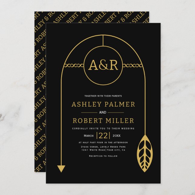 Gold frame with leaf, initials black wedding invitation (Front/Back)