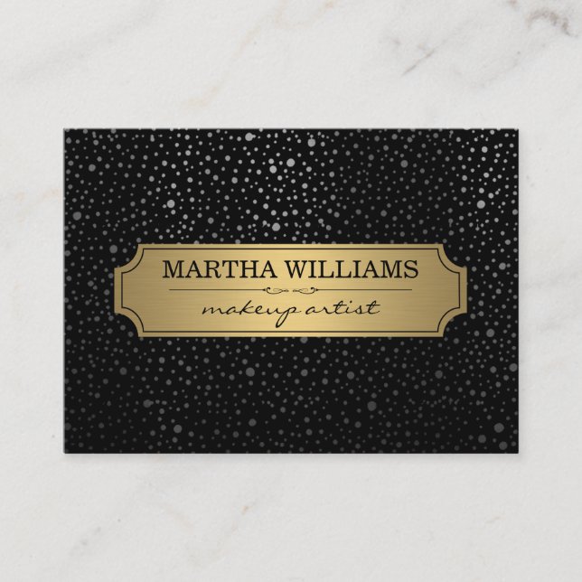 Gold Frame with Metallic Dots Pattern Black Business Card (Front)